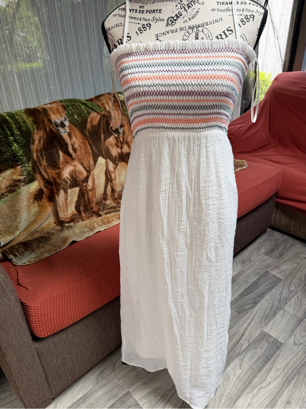 Forever 21 White Maxi Dress with Multicolor Smocked Bodice